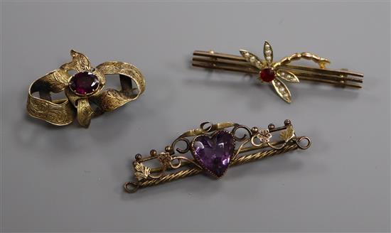 A 9ct and gem set dragonfly brooch and two other brooches including one 9ct.